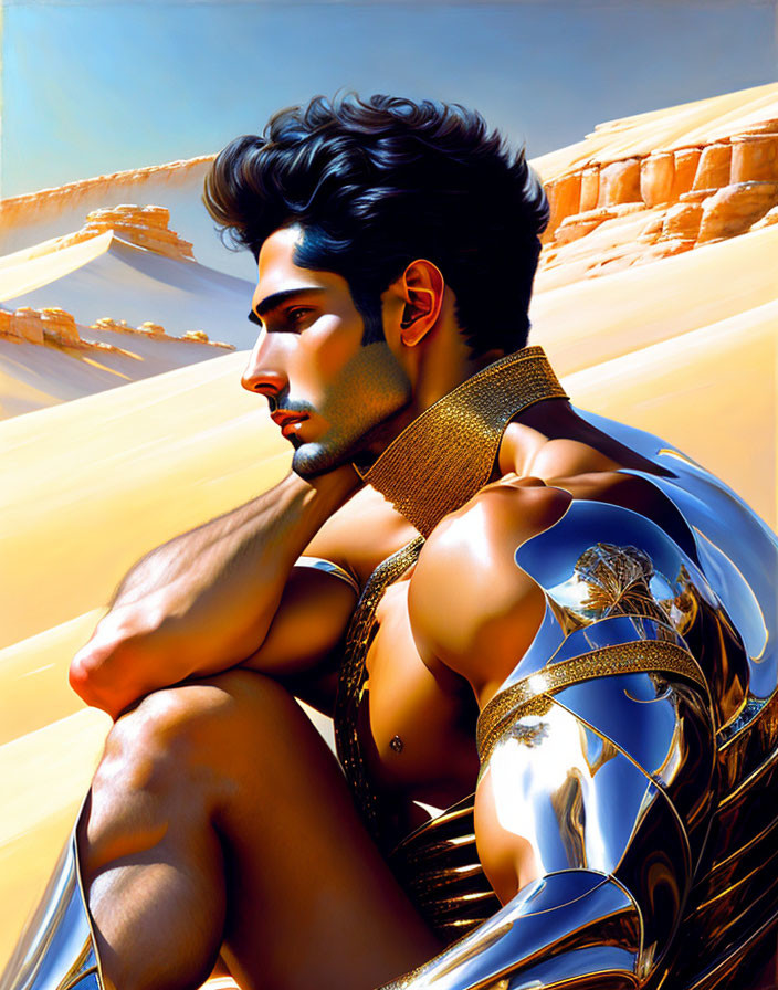 Illustration of man with metallic arm gazing in desert.