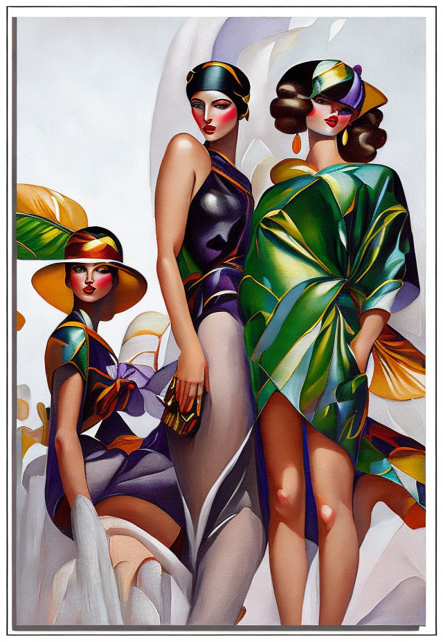 Stylized women in elegant attire with hats among colorful flora