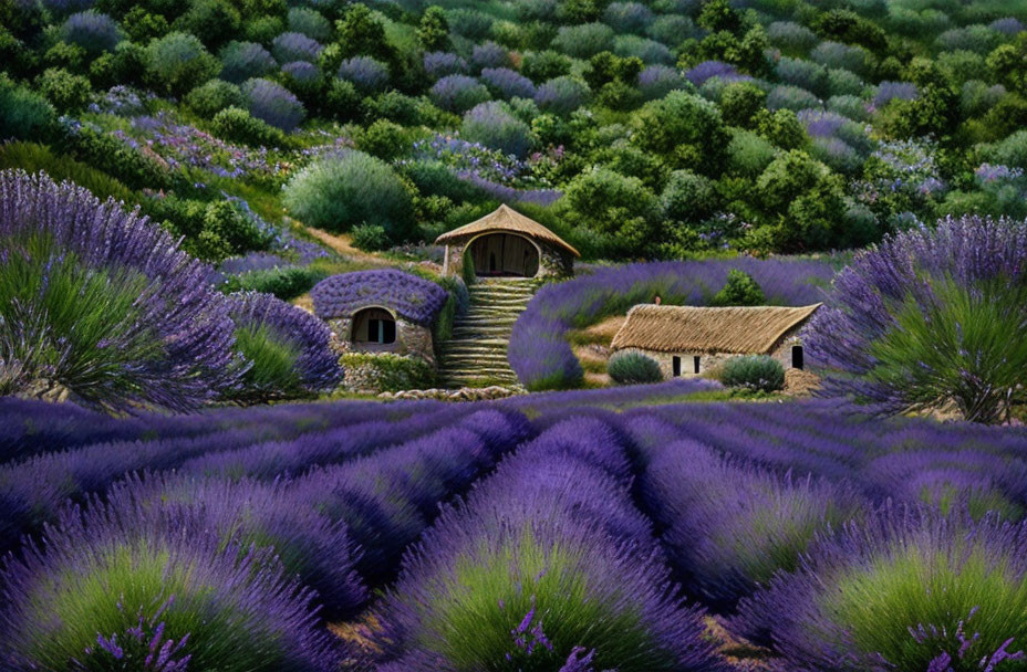 Stone cottage surrounded by purple lavender fields