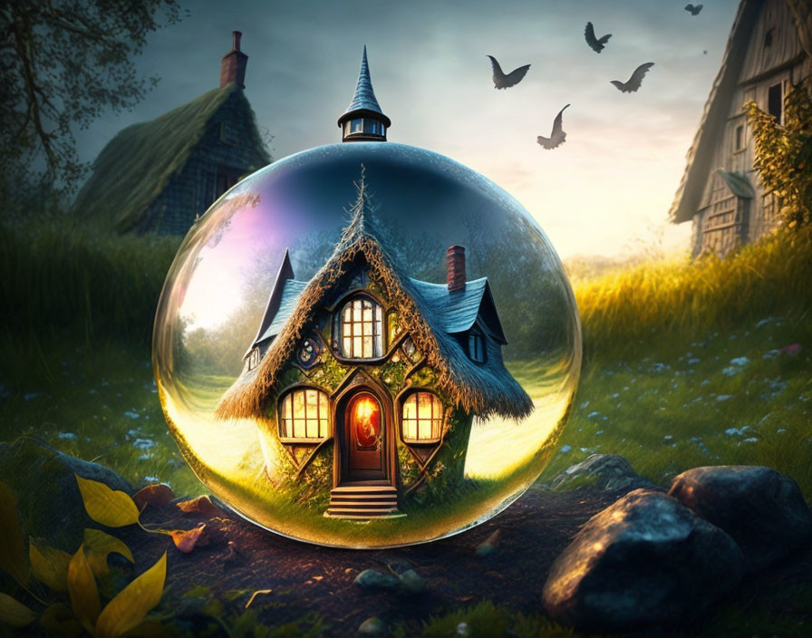 Transparent sphere encases whimsical cottage in fairytale landscape