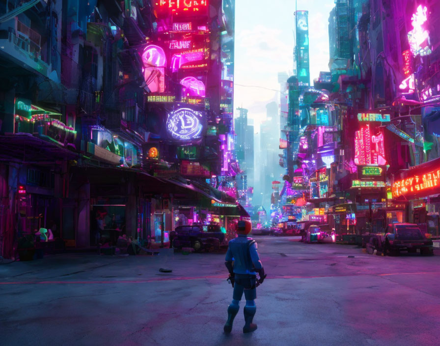 Person in futuristic neon-lit cityscape with digital ads under twilight sky