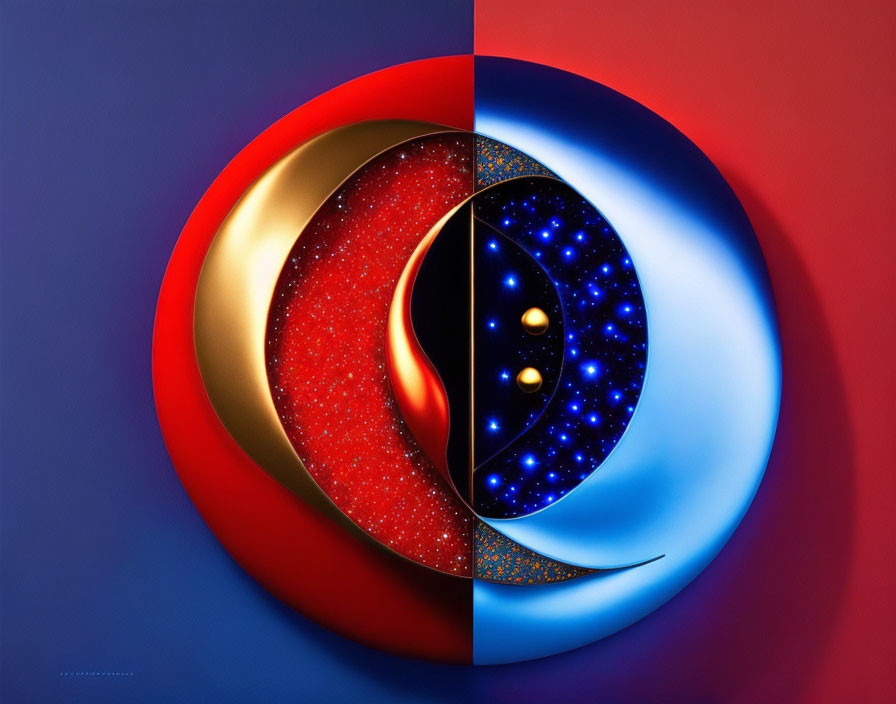 Yin-Yang Symbol with Cosmic and Fiery Elements on Split Blue and Red Background