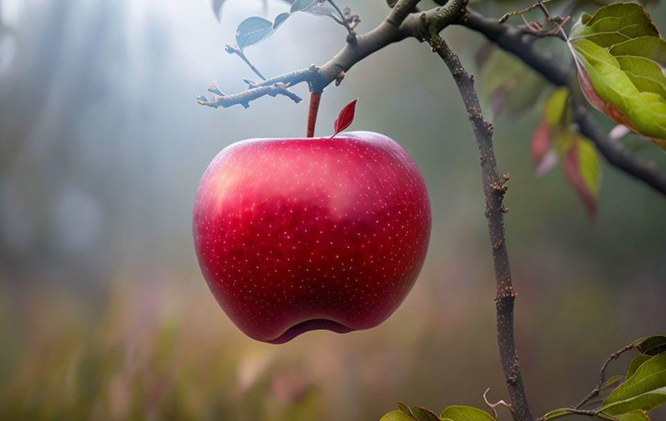 Ripe red apple hanging from tree branch with hazy background