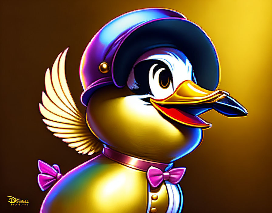 Anthropomorphic Duck Illustration with Cap and Bow Tie on Gradient Golden Background