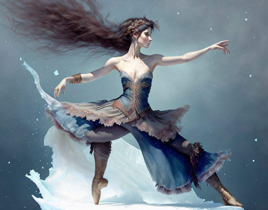 Ethereal female figure dancing gracefully on a wave in blue and gold outfit