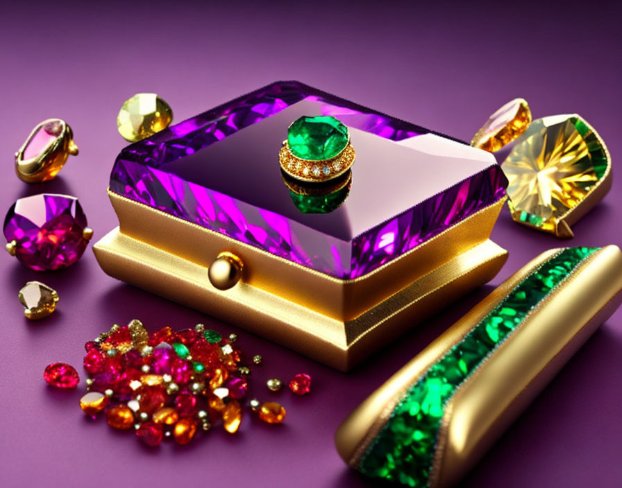 Vibrant gemstones and gold jewelry box on purple surface with large green stone ring