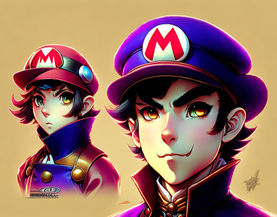 Stylized character illustration with intense gaze and M cap logos