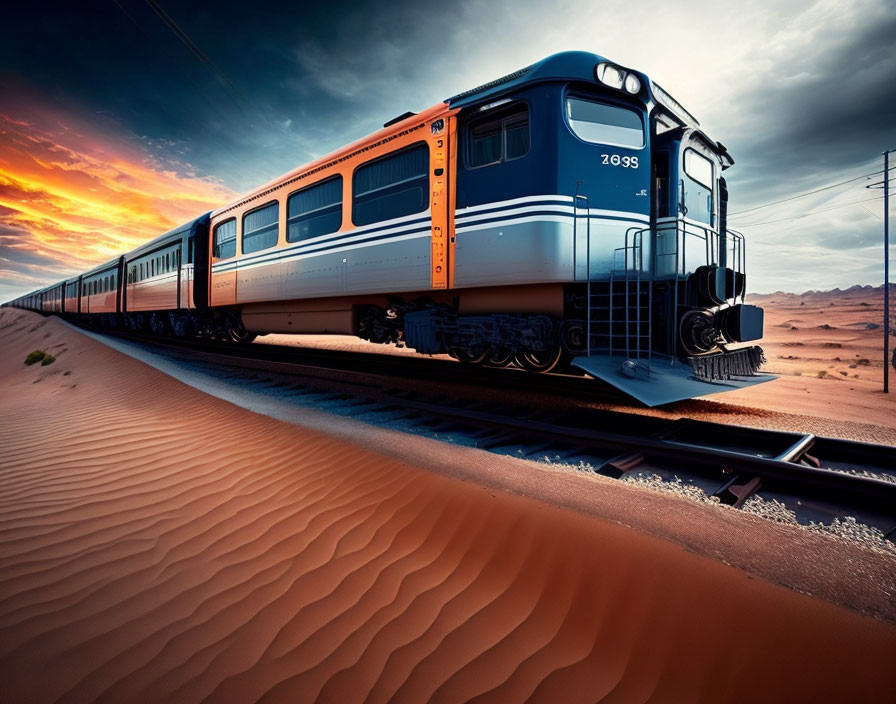 Train Traveling Through Desert at Dusk with Orange Dunes and Vibrant Sunset Sky