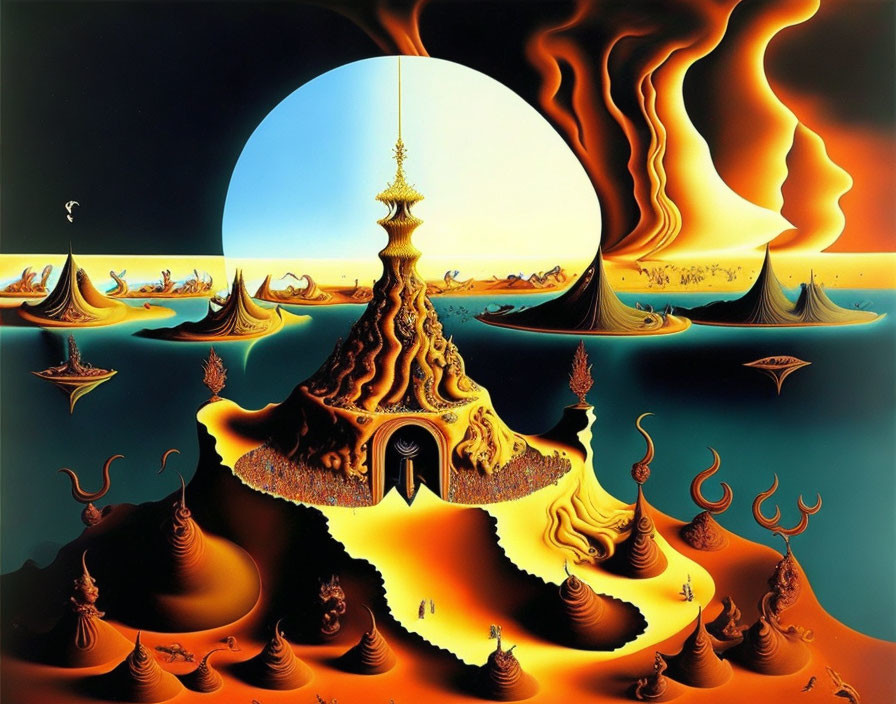 Surreal landscape with golden structures, moon, warped terrain, blue and orange sky
