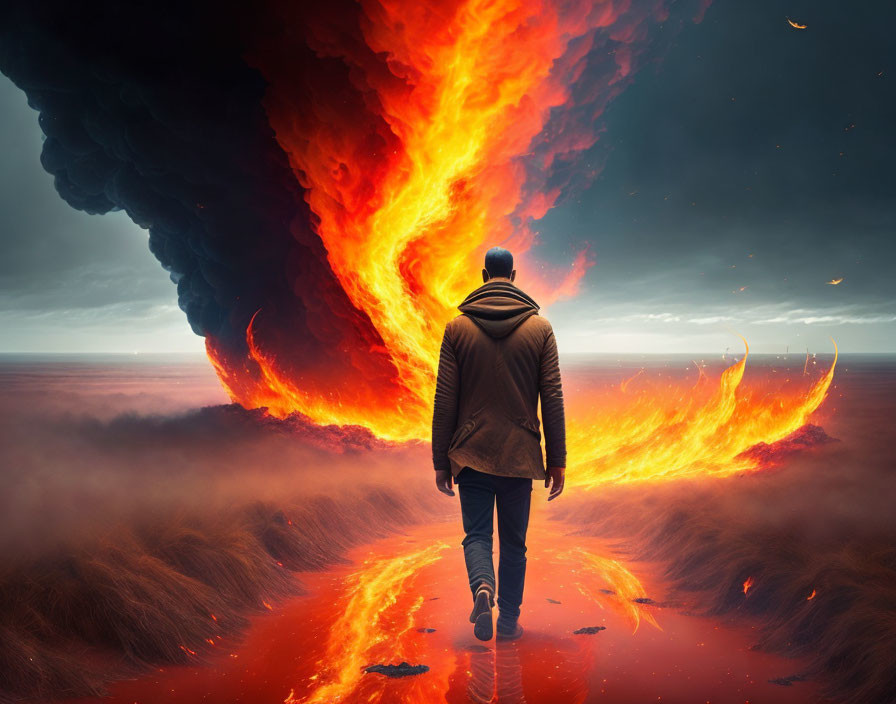 Person walking towards massive fiery explosion in desolate landscape with lava trail and brooding sky
