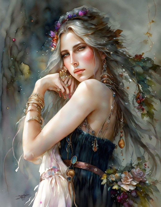 Ethereal woman with grey hair, flowers, leaves, jewelry, blue and purple dress gazes