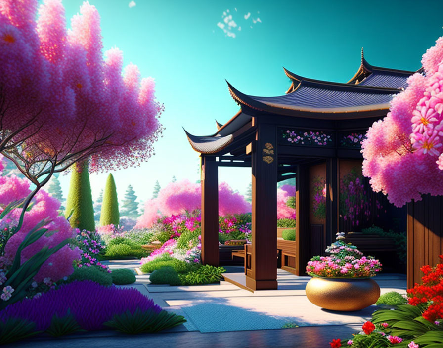 Traditional Asian Pavilion Surrounded by Pink and Purple Flowers