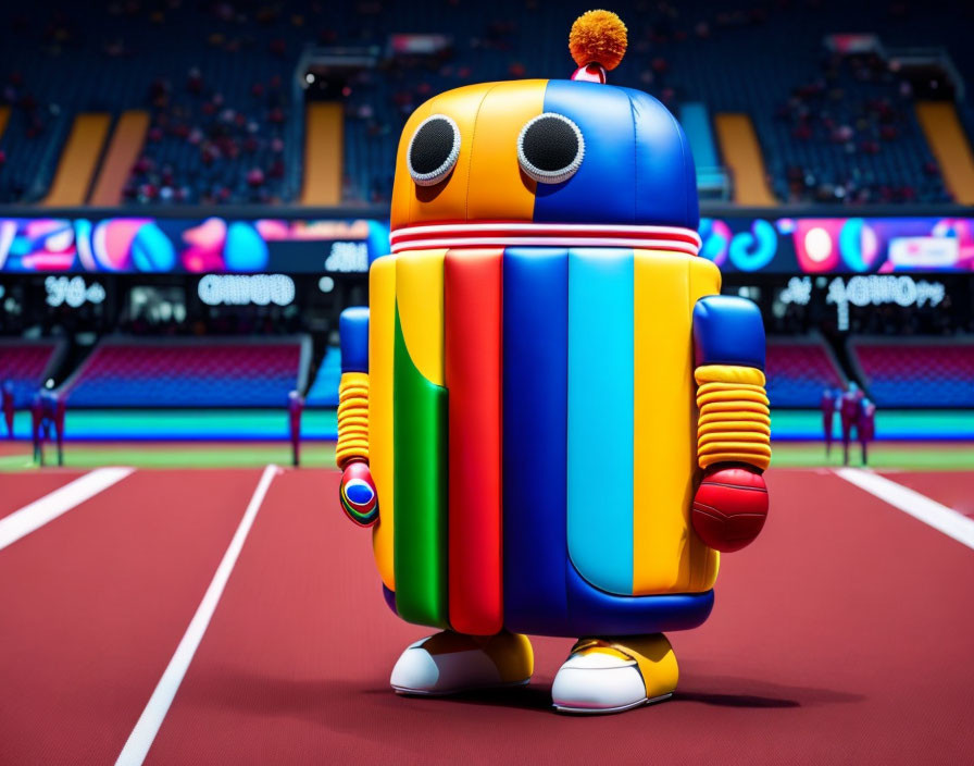 Colorful anthropomorphic robot with propeller hat on athletics track with blurred stadium background