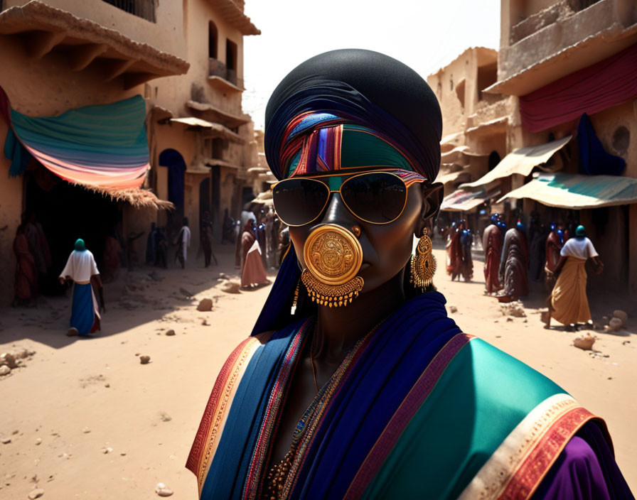 Person in traditional attire with gold nose ring and sunglasses in busy street market