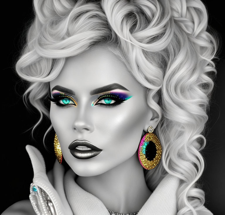 Vivid makeup woman with colorful eyeshadow and black lipstick