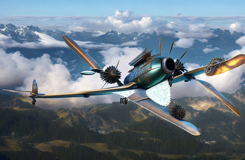 Steampunk-inspired aircraft with metallic wings over mountain landscape