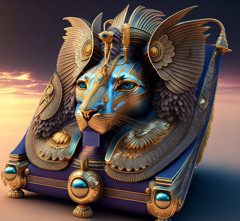 Fantastical sphinx-like creature with Egyptian headdress in digital art