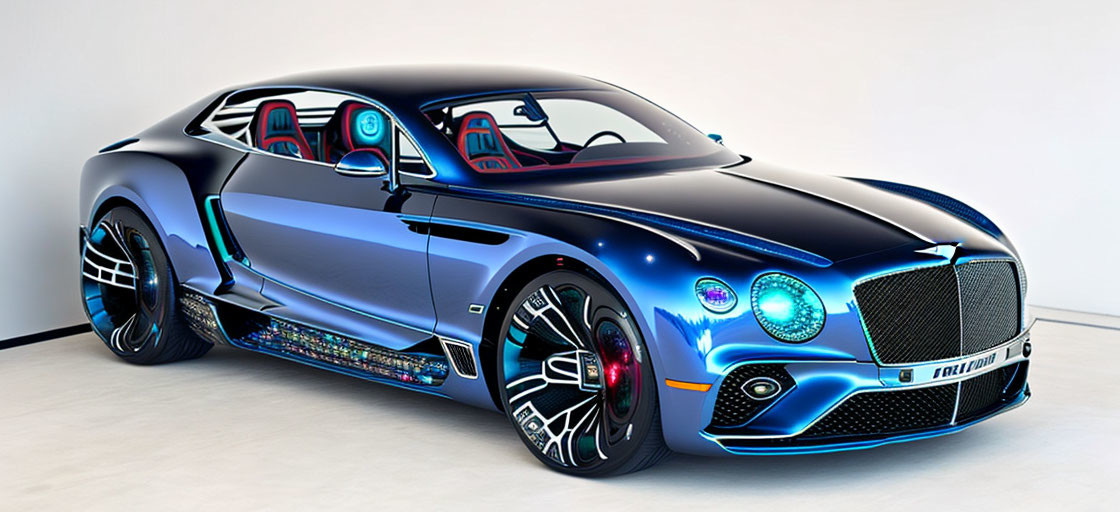 Luxurious Blue Sports Car with Illuminated Grille and Futuristic Design