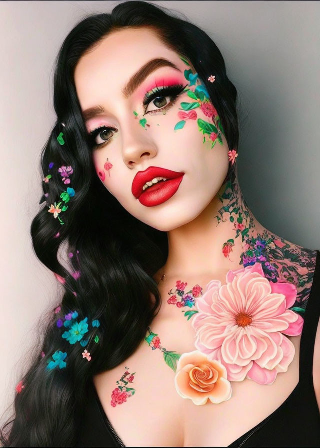 Woman with Floral Face Paint and Red Lipstick in Vibrant Makeup Look