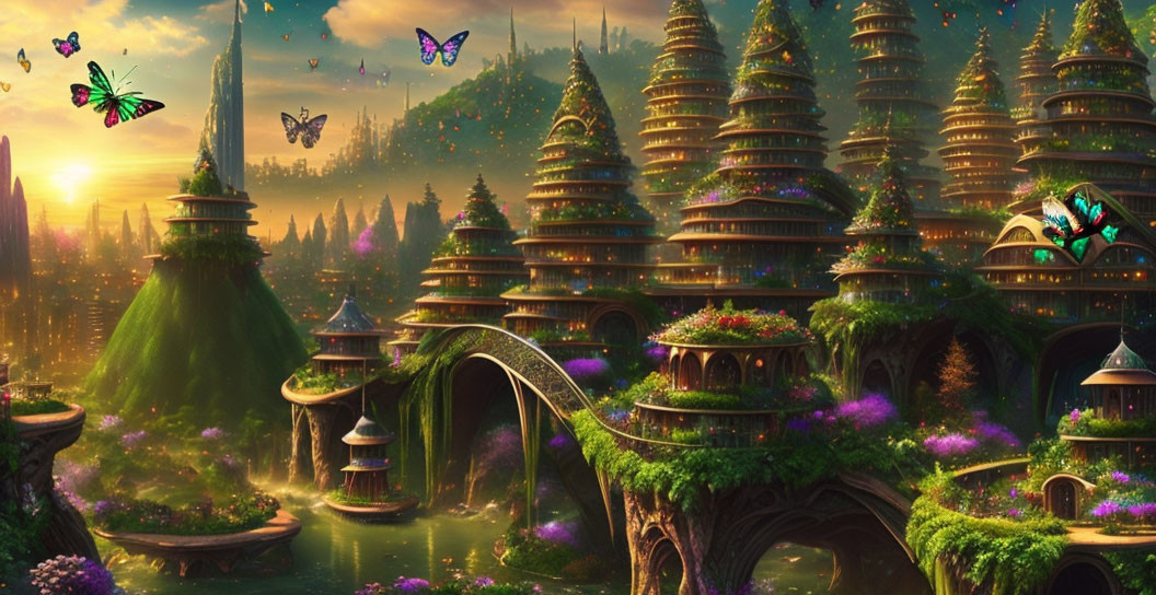 Fantasy landscape with spire-topped buildings, greenery, butterflies, and flowers in twilight