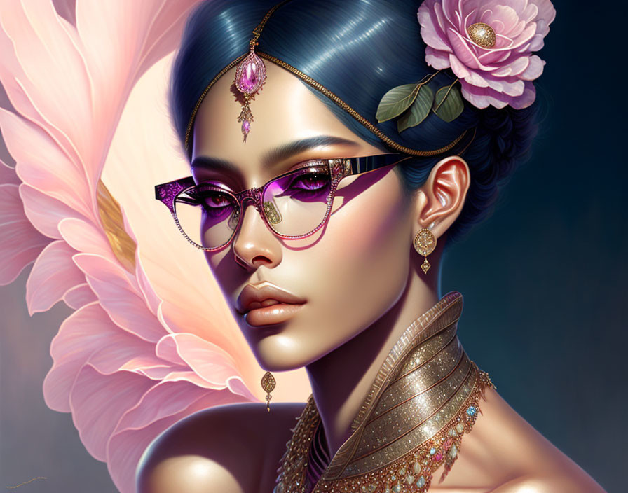 Illustrated portrait of woman with blue hair, jewelry, glasses, and floral theme on pink backdrop