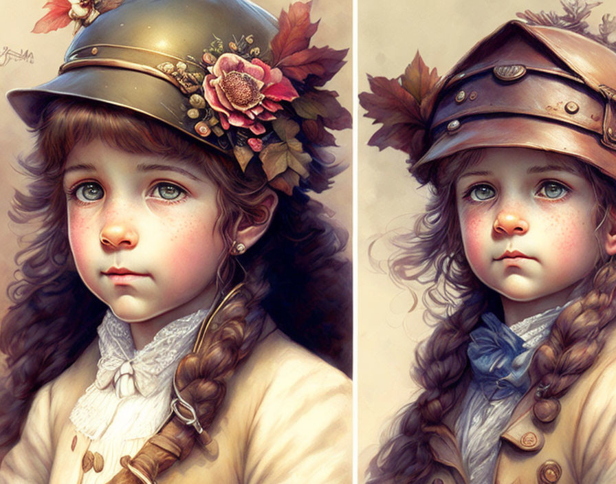 Young girl with braided hair in vintage helmet with flowers, blue eyes and rosy cheeks