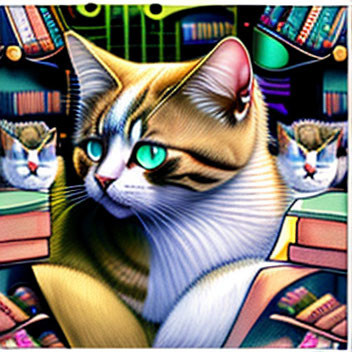 Colorful cat illustration in fantastical library with expressive green eyes.