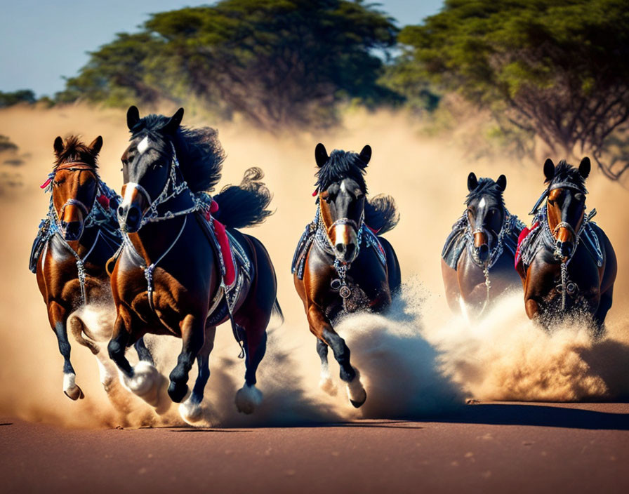 Four galloping horses on dirt road under sunny sky with trees