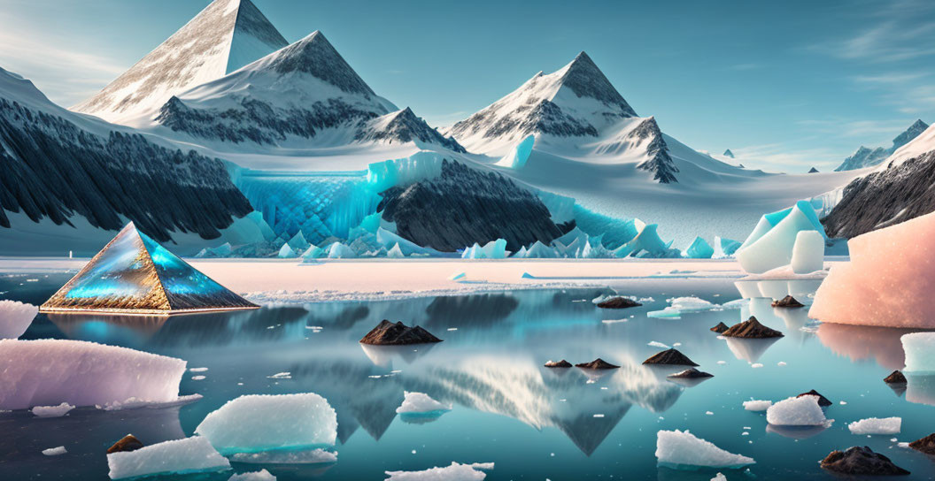 Serene Polar Landscape with Icebergs and Mountains Reflecting in Clear Water