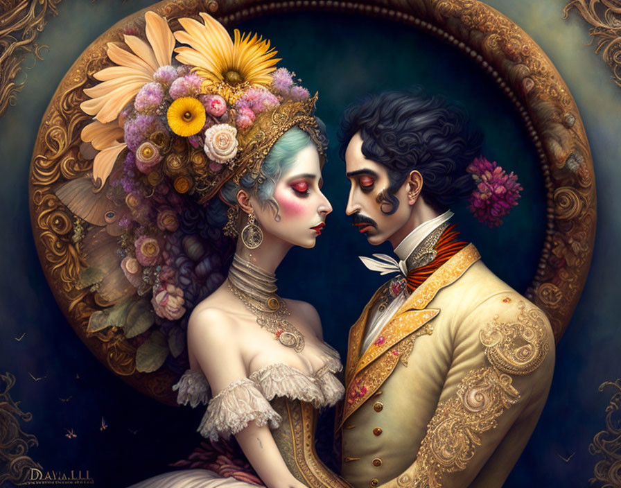 Elaborate Baroque Attire Couple in Romantic Gaze