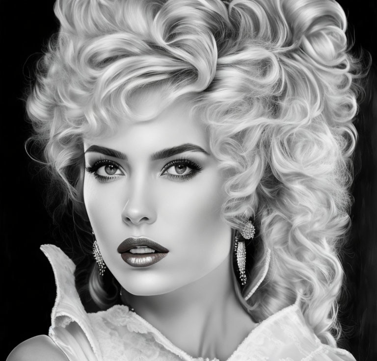 Monochrome portrait of woman with curly hair and dark lips