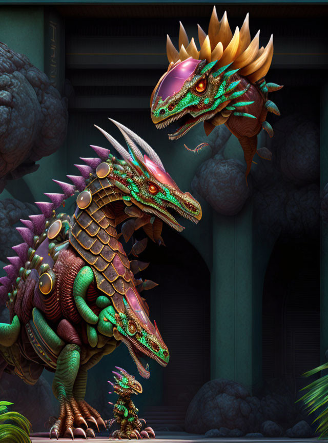 Intricately designed dragons with jewel-like scales in dark jungle setting