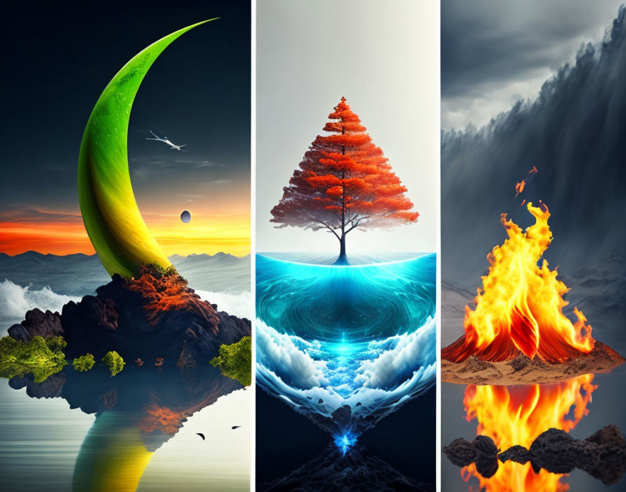 Surreal landscape art: Crescent island with birds, lone autumn tree on water sphere, flames on