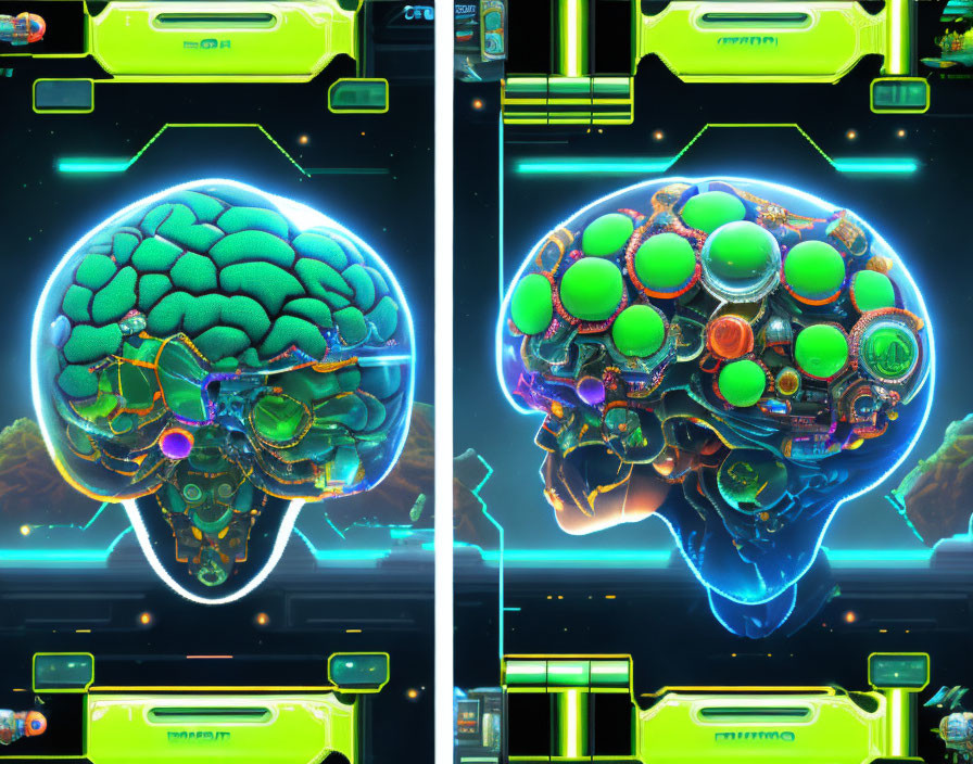 Colorful digital artwork featuring stylized brains with tech and organic elements