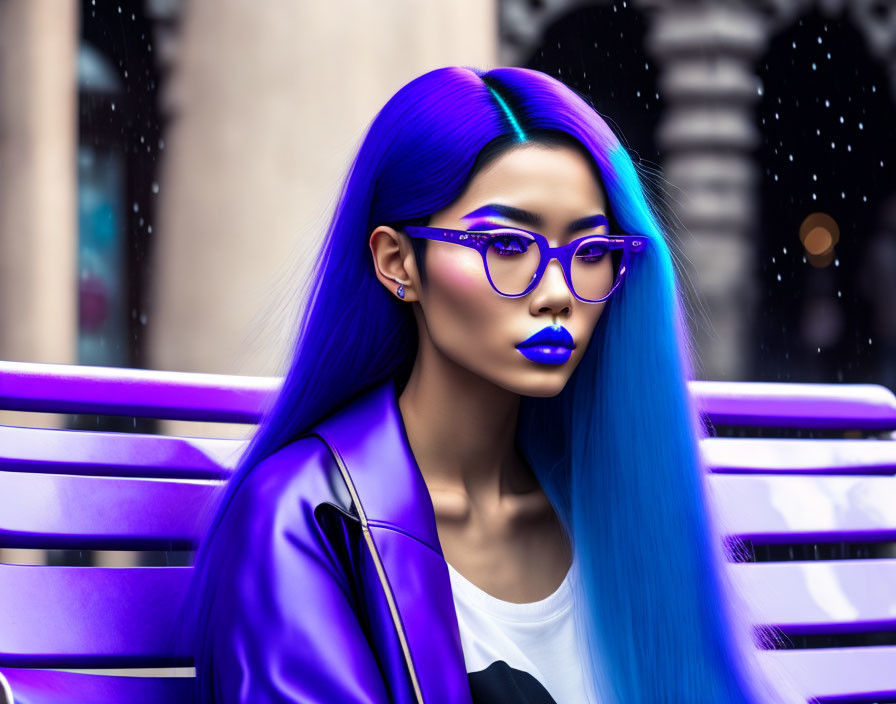 Striking blue-haired woman in blue glasses on purple bench