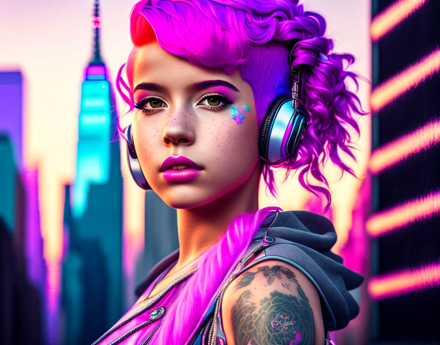 Vibrant purple-haired young woman with headphones and tattoo in neon cityscape.