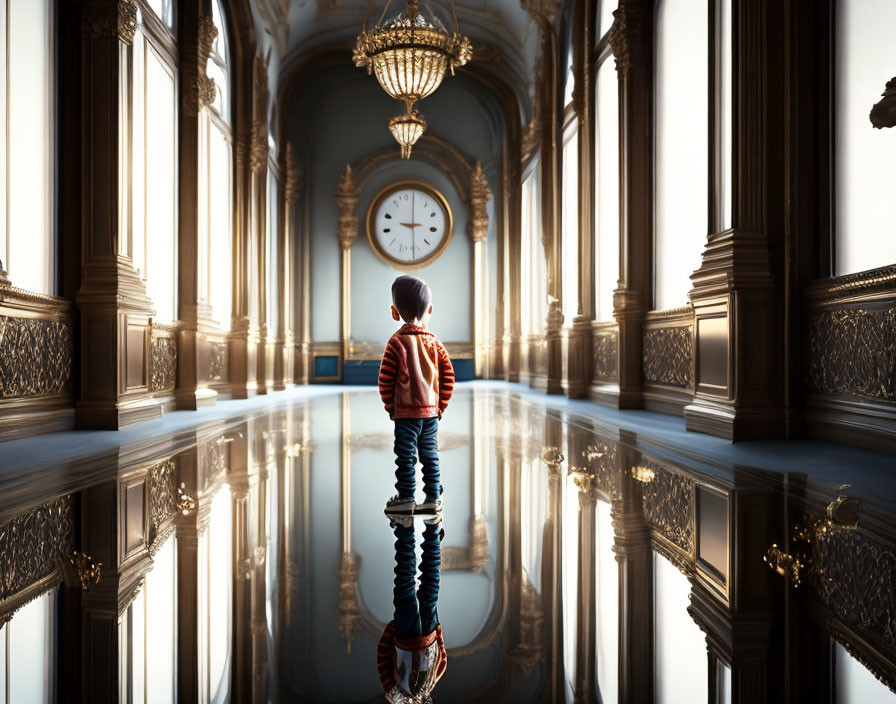 Child in ornate mirrored hallway with large clock and chandeliers