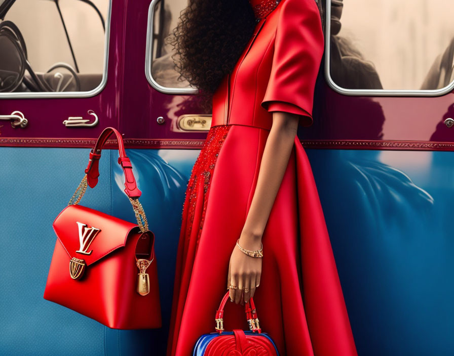 Woman in red dress and matching handbag boarding vehicle