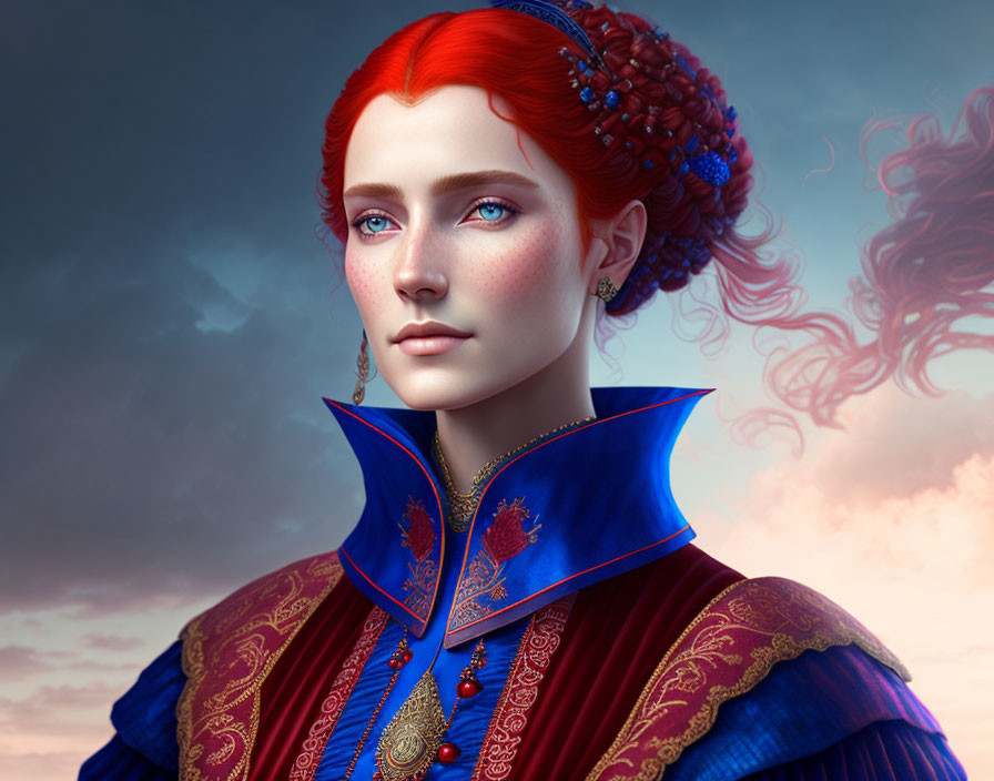 Digital artwork features woman with red hair and blue eyes in ornate clothing against clouded sky.