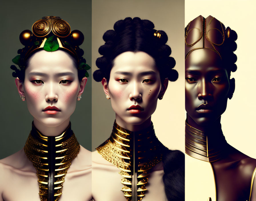 Three stylized portraits of women with elaborate hairstyles and gold necklaces on varied background colors.