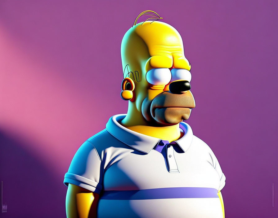 Detailed 3D-rendered Homer Simpson in polo shirt on purple backdrop