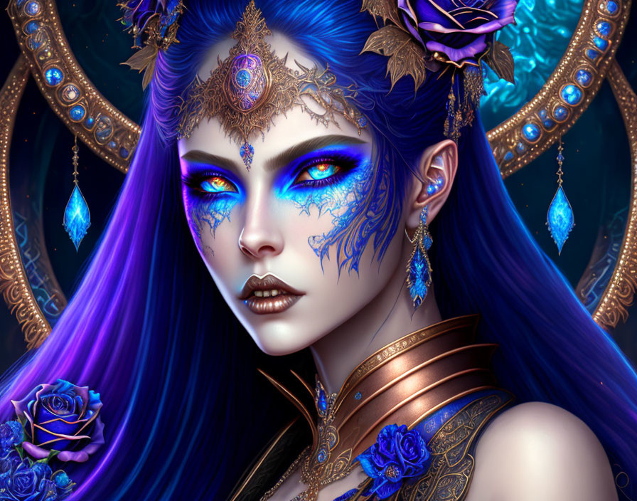 Vibrant blue female figure with gold and purple headpieces, glowing eyes, surrounded by ornate