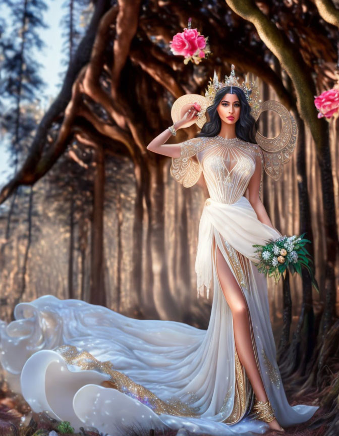 Woman in white gown with golden accents in mystical forest holding fan and bouquet