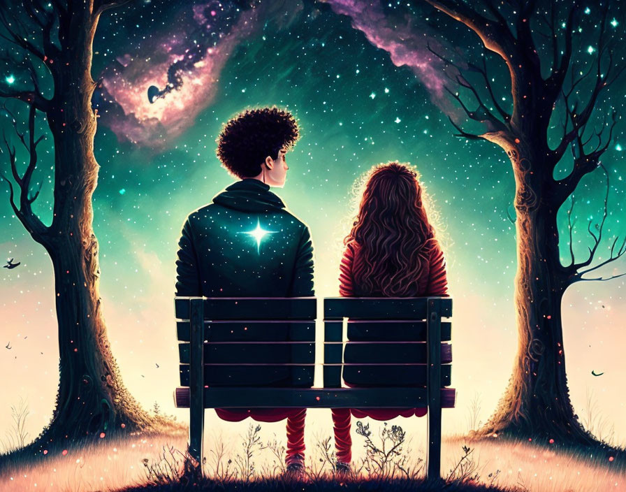 Couple on Bench Under Starry Night Sky with Cosmic Nebula View