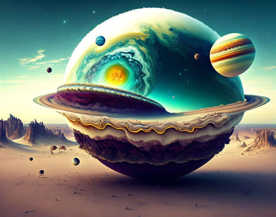 Layered planets above desert landscape with camels in surreal artwork