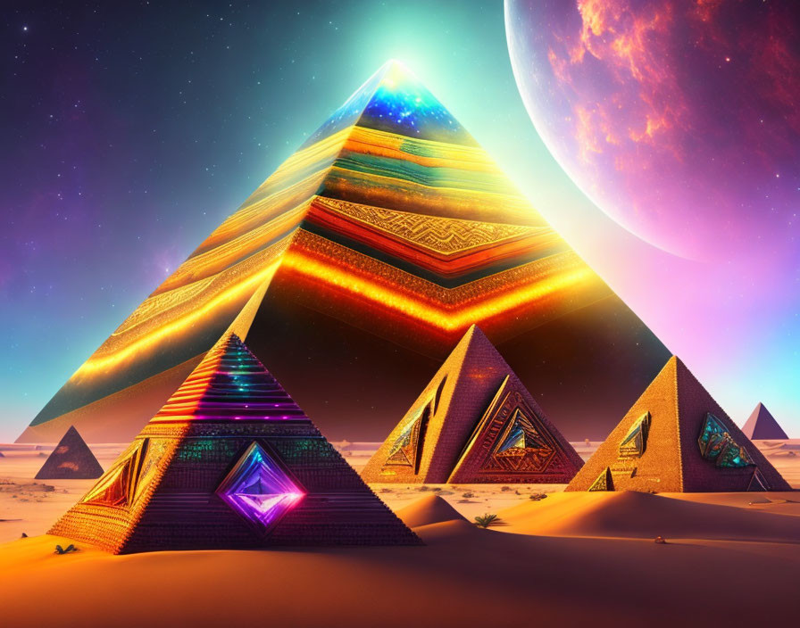 Pyramids with Neon Lights under Starry Sky and Planet