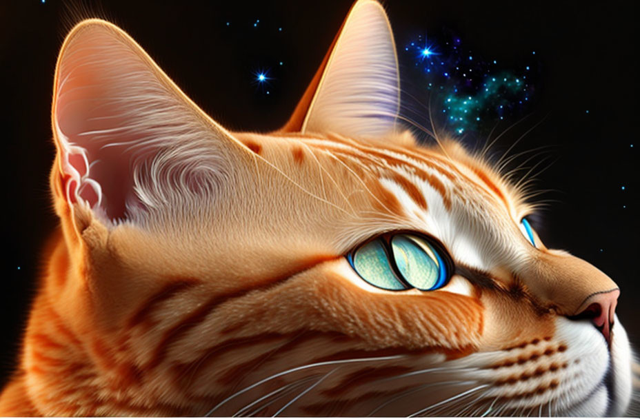 Orange Tabby Cat with Blue Eyes and Cosmic Background