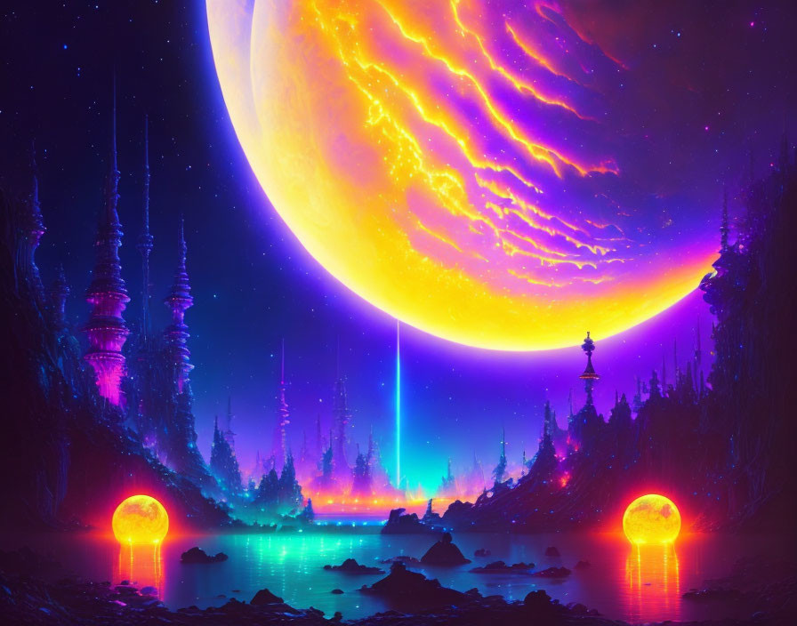 Futuristic sci-fi landscape with neon lights, moon, and mystical forest