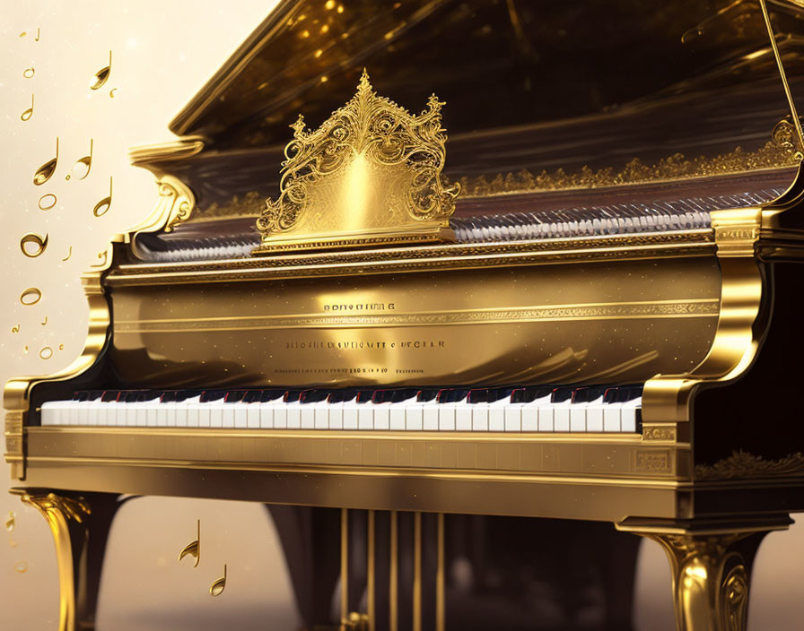 Decorative grand piano with golden accents and musical notes on warm background