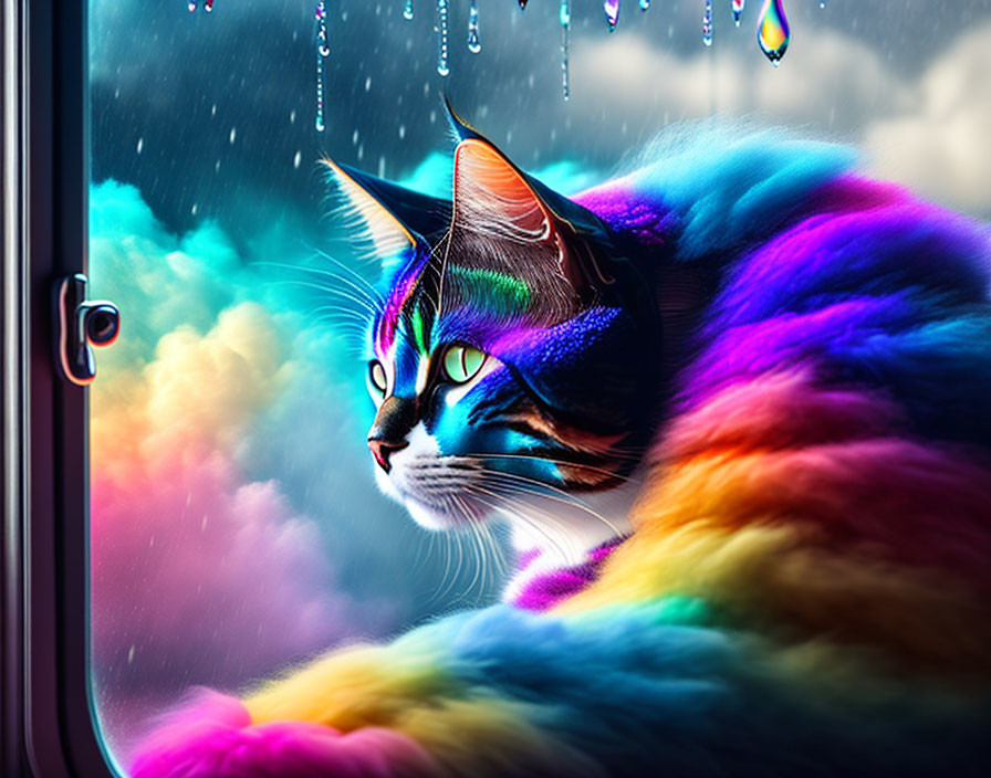 Colorful Rainbow Cat Gazing Through Rain-Spattered Window